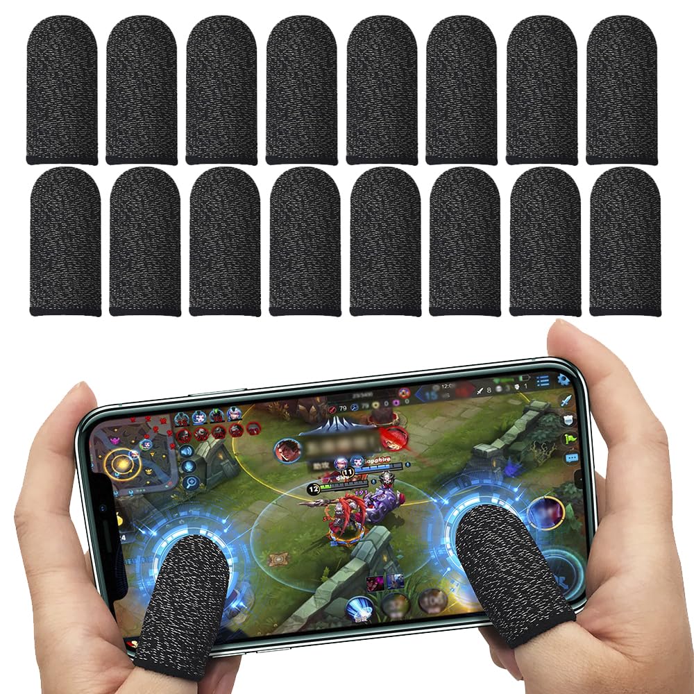 Thumb Sleeves Mobile Gaming Finger Sleeve for Mobile Gaming Gloves 16 PCS 0.3 mm Silver Fiber, Anti Sweat, Extremely Thin,Breathable Seamless Touchscreen Finger Cover Fit Phone Game Tablet Devices